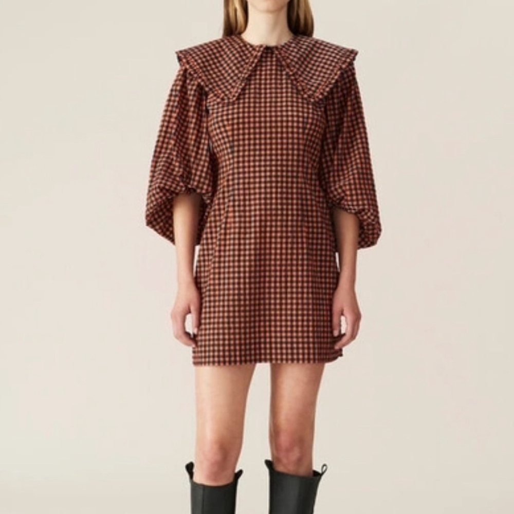 Ganni Brown Checkered Mini Dress